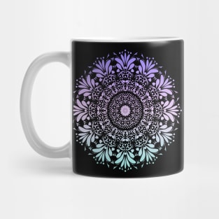 Purple and Teal Ombre Floral Leaf Mandala Flower on Black Mug